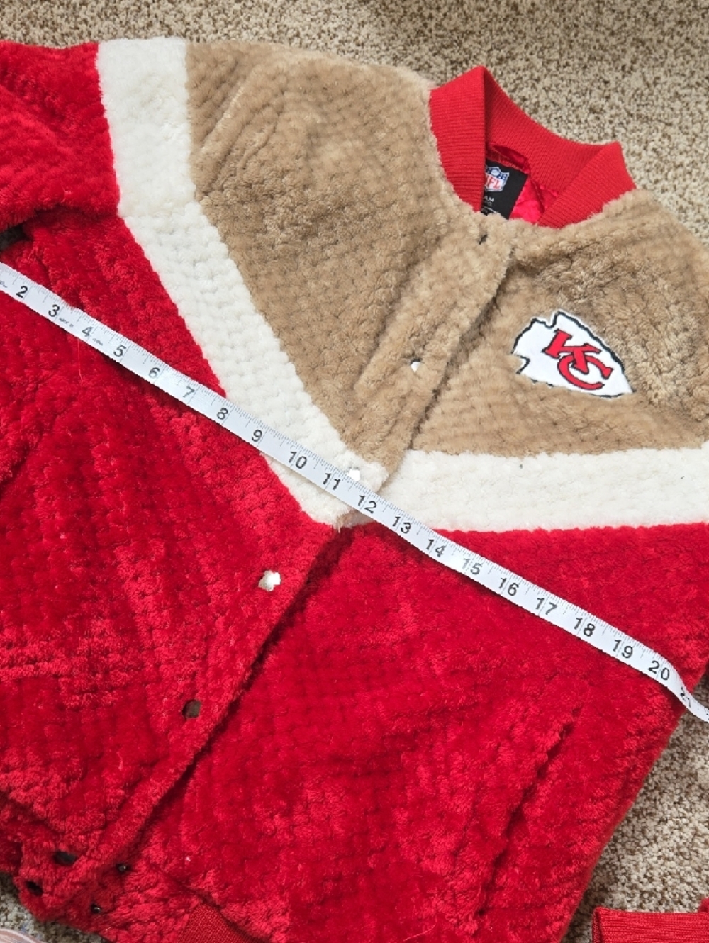 NFL Red, Tan & White KC Cheifs Fuzzy Bomber Jacket with Team Patch - Picture 2 of 3